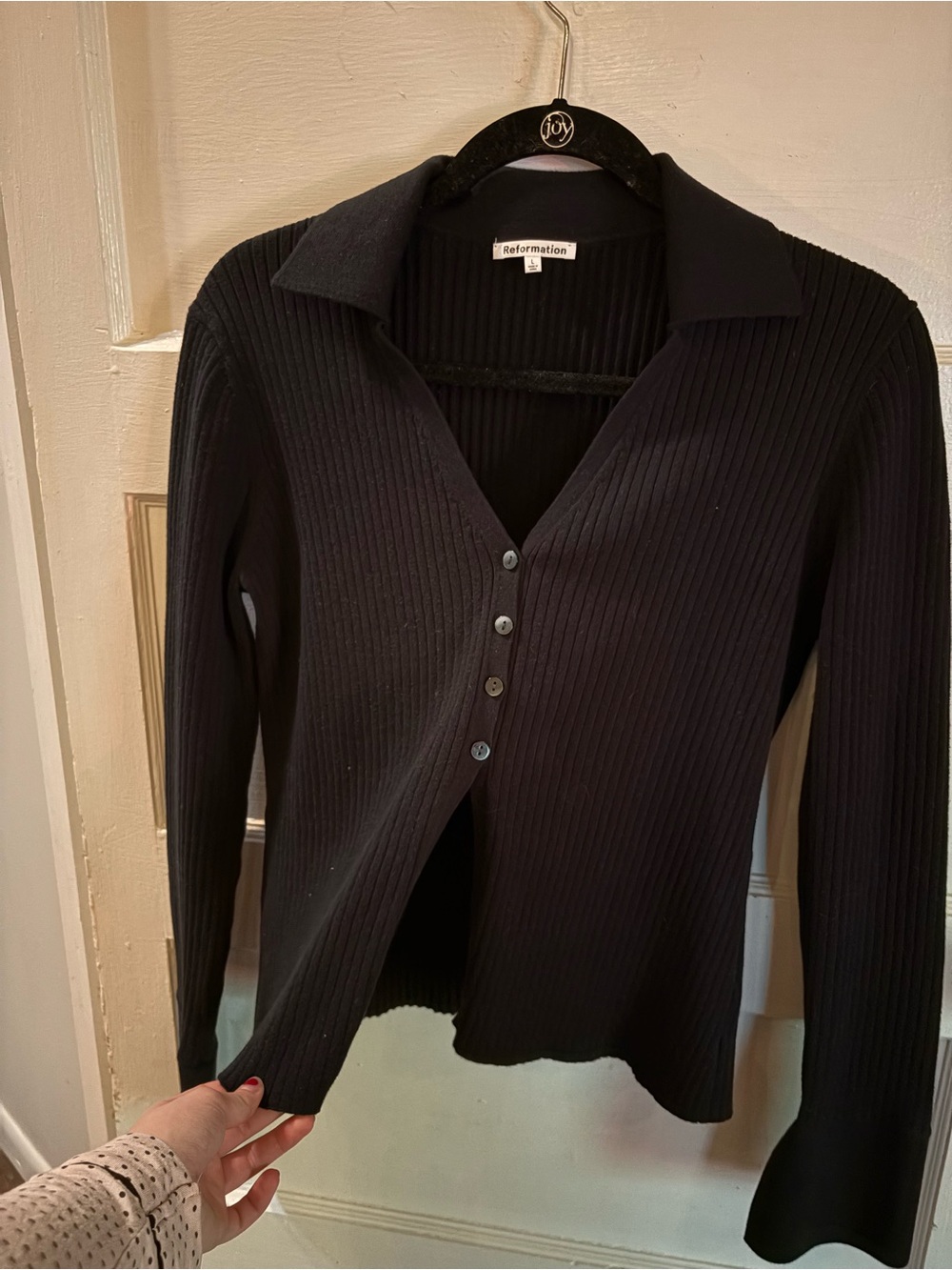 Reformation Black Ribbed Button-Front Collared Top Women's Large.